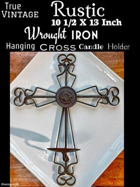 🆕VTG▪️Rustic 10.5" X 13" Wrought Iron Hanging Cross Candle Holder